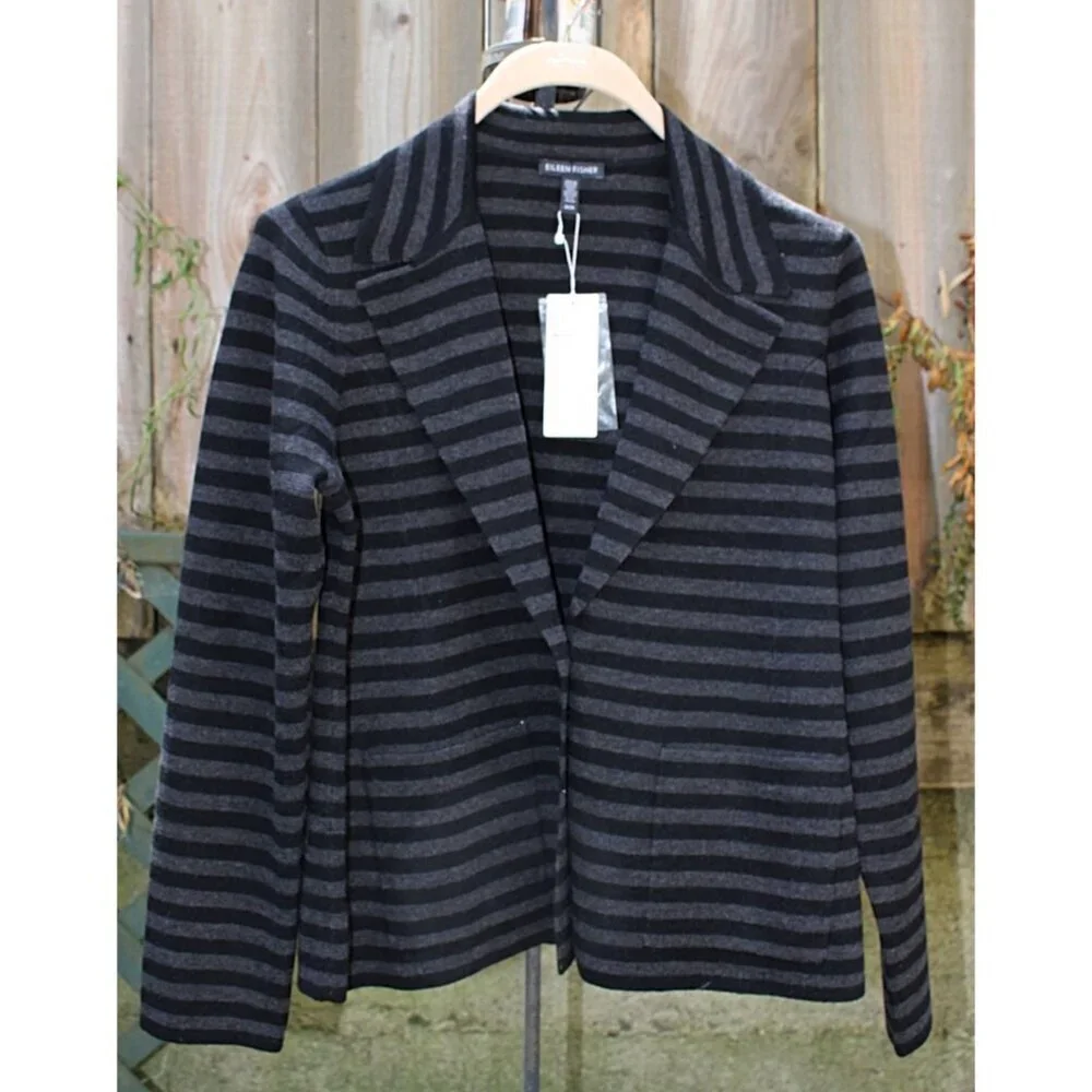 New w/Tags - Eileen Fisher Notch Collar Striped Blazer -100% Merino Interlock, M - Picture 3 of 11